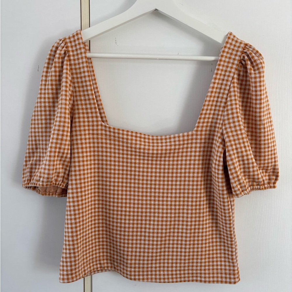 Backyard Roses Women Large Gingham Puff Sleeve Top Cottagecore Prairie Square